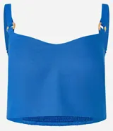 Blusa cropped de viscolino azul con escote en V, breteles con adornos y lastex en la espalda.