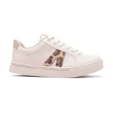 Championes blancos de cuero sintético con estampado animal print en el lateral y detalle dorado en el talón.