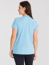 Remera deportiva negra de manga corta con cuello en V, confeccionada en tela de secado rápido.