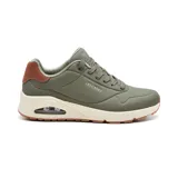 Championes Skechers Street Uno - Suited On Air color verde oliva con detalles en marrón y blanco. Capellada de durabuck en relieve, plantilla Skechers Air-Cooled Memory Foam y entresuela con airbag visible Skech-Air.