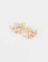 Aros pasantes dorados con margaritas esmaltadas amarillas y strass blancos, con cierre de tope a presión.