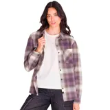 Camisa de franela a cuadros color lila, blanco y marrón, de corte relajado, manga larga con puños abotonados, cuello camisero, cierre frontal con botones metálicos y bolsillo de parche en el pecho.