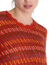 Sweater tejido con cuello redondo y amarre en la cintura, con diseño de punto calado y franjas horizontales en el pecho en tonos blanco, marrón, amarillo, azul y verde.