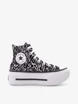 Zapatillas Converse Chuck Taylor All Star Lift con plataforma doble, caña alta y estampado animal print en blanco y negro. Confeccionadas en lona resistente y plantilla de espuma CX para mayor comodidad.