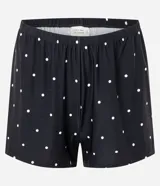 Pijama short doll femenino compuesto por una musculosa y un short. La musculosa es de breteles finos ajustables, escote en V con detalle de encaje cruzado en el busto. El short es corto con cintura elástica. Estampado de lunares blancos sobre fondo negro.