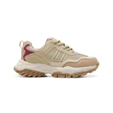 Zapatillas urbanas Korium color beige con detalles en rojo y suela chunky marrón.