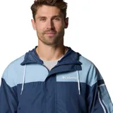 Campera cortavientos Columbia Challenger II color verde claro con bloques de color marrón en la parte superior y bolsillos.
