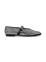 Ballerinas tipo Mary Jane confeccionadas en cuero nobuck color negro y cubiertas de apliques metálicos plateados. Cuentan con una correa sobre el empeine con hebilla metálica ajustable.