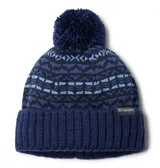 Gorro de lana azul marino con pompón y diseño geométrico en tonos celeste y azul. Tiene el logo de Columbia en el borde.