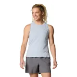 Musculosa deportiva Columbia Weekend Ascent Tank para mujer, color gris claro con finas rayas horizontales. Cuenta con tecnología Omni-Wick para eliminar la humedad y neutralizar olores. Fabricada con material reciclado.