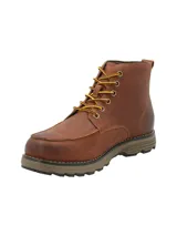 Botín de cuero engrasado color marrón, con ajuste de cordones, suela de goma, punta redonda, taco de 7 cm y caña de 13 cm.