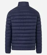 Campera puffer ultraligera color beige, con cuello alto, cierre por cremallera y bolsillos con cremallera. Incluye bolso de almacenamiento.