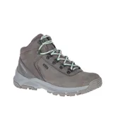Bota de trekking Merrell Erie Mid WP color gris topo, con capellada de cuero impermeable, cordones color verde agua y suela de goma con tecnología Air Cushion.