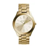 Reloj Michael Kors modelo Slim Runway, con caja y correa de acero inoxidable color dorado.