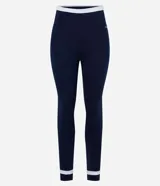 Calza deportiva larga de microfibra color azul marino, con cintura alta y recortes en blanco en la parte inferior de las piernas.