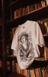 Remera blanca de algodón con estampa sublimada de la carta del tarot 'La Justicia'. Corte oversize, cuello redondo y mangas cortas.