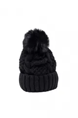Gorro de lana color rosa con trenzas y pompón de piel sintética.