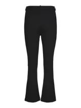 Pantalón negro acampanado con cierre de corchetes y cremallera, cintura media y trabillas para cinturón.