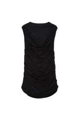 Top básico negro sin mangas con cuello redondo y diseño drapeado.