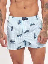 Bóxer de algodón blanco con estampado de flores pequeñas color celeste, con cintura elástica y logo de la marca en el centro.