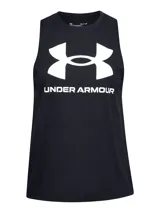 Musculosa gris de Under Armour con logo grande en el pecho y nombre de la marca debajo.