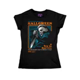 Remera negra entallada de algodón con estampado de Michael Myers de la película Halloween.