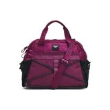 Bolso de gimnasio color beige con detalles en negro, con doble asa de mano y correa de hombro ajustable. Cuenta con múltiples bolsillos internos y externos, incluyendo un compartimento principal con cierre de cremallera, bolsillos laterales de malla y correas elásticas para sujetar una esterilla de yoga.