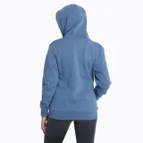 Buzo con capucha azul, con cremallera frontal, bolsillos delanteros abiertos, ribete en mangas y cintura, cordones ajustables en el gorro.