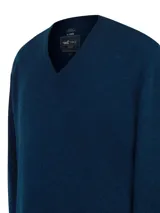 Sweater azul marino de lana con cuello en V.