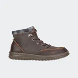 Botas Hey Dude modelo Bradley Classic, color marrón, con cordones y cuello de tela escocesa.