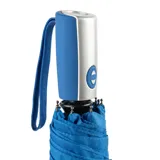 Paraguas automático color azul con funda y correa de ajuste.