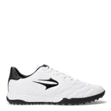 Championes de fútbol 5 para hombre, color blanco con detalles en negro, con cordones y suela adecuada para césped sintético.