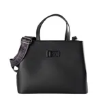 Cartera negra de símil cuero con doble asa corta y correa larga regulable multicolor. Tiene acceso con cierre y botones imantados, tres compartimentos, bolsillo externo con botón y bolsillos internos con y sin cierre. Herrajes plateados e interior de tela de algodón y poliéster.