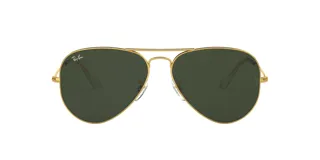 Lentes de sol Ray-Ban modelo Aviator, con armazón dorado y lentes verdes polarizados.
