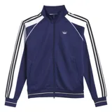 Campera Adidas color azul con detalles en blanco y negro, cierre frontal, cuello alto y bolsillos laterales.