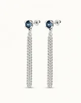 Aros colgantes plateados con cristal facetado azul y tres cadenas de eslabones.