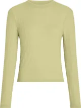 Top de manga larga color verde claro, de corte ajustado y tejido acanalado semitransparente. Tiene cuello redondo y logo bordado en el bajo.