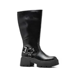 Bota negra de caña alta con plataforma y hebilla decorativa.