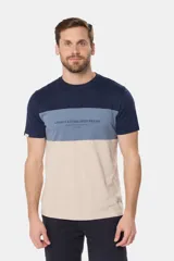 Remera de manga corta con diseño a bloques de color: azul marino en la parte superior, rosa viejo en el medio y gris claro en la parte inferior. Estampa con texto "Legacy Established Brand" en el pecho.