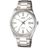 Reloj analógico Casio LTP1302D-7A1VDF para mujer, con caja y correa de acero inoxidable plateado, esfera blanca, agujas plateadas y fechador.