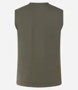 Blusa sin mangas color verde oliva, con cuello redondo y detalle texturizado de macramé en el escote.