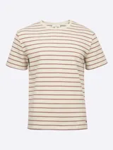 Remera de manga corta color crudo con rayas horizontales color ladrillo.
