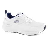 Championes urbanos Skechers Relaxed Fit D'Lux Walker Parowan, color blanco con detalles en azul. Capellada de cuero sintético, ajuste con cordones, plantilla Memory Foam refrigerada por aire y suela de goma flexible.