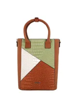 Bolso matero con diseño geométrico en simil cuero color marrón, verde y blanco.