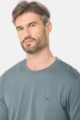 Remera T-shirt lisa de manga larga, color verde oscuro, con escote redondo y logo bordado.