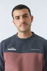 Buzo de algodón para hombre, con corte regular, mangas largas y diseño color block en gris y rosa.