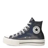 Championes Converse Chuck Taylor All Star Lift Hi, caña alta, con plataforma gruesa de color blanco. El cuerpo del calzado es de material textil con acabado iridiscente o holográfico en tonos oscuros (negro/azul/violeta). Cordones blancos y puntera de goma blanca.