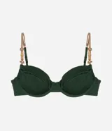 Top de bikini verde oscuro, modelo media taza con aro, confeccionado en microfibra texturizada. Tiene breteles elásticos ajustables con adornos de bambú natural y lazo en la espalda.
