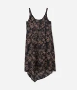 Vestido midi de tela satinada con estampado abstracto, escote drapeado, breteles medianos, bajo asimétrico y cierre lateral.