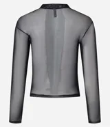 Blusa de tul transparente color negro, con cuello alto y mangas largas.